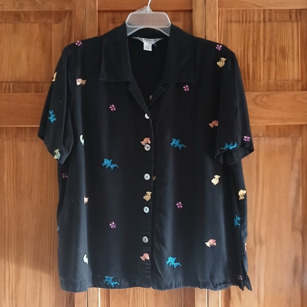 AKS black embroidered shirt sz M woman's